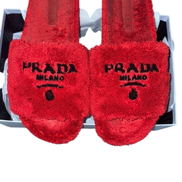 Prada Milano Red Fuzzy Slides - Picture 4 of 9